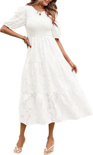 MEROKEETY Women's 2025 Summer Puff Sleeve Smocked Floral Dress Crewneck Lace Flowy Tiered Midi Dresses