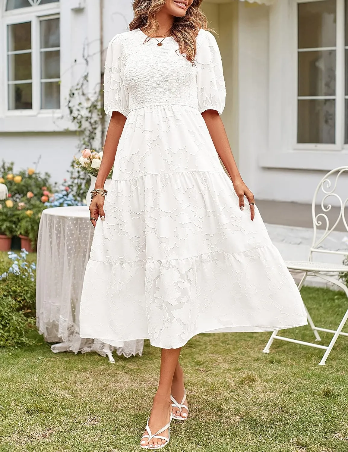 MEROKEETY Women's 2025 Summer Puff Sleeve Smocked Floral Dress Crewneck Lace Flowy Tiered Midi Dresses