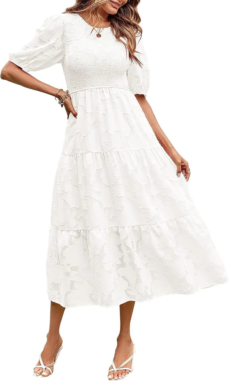 MEROKEETY Women's 2025 Summer Puff Sleeve Smocked Floral Dress Crewneck Lace Flowy Tiered Midi Dresses