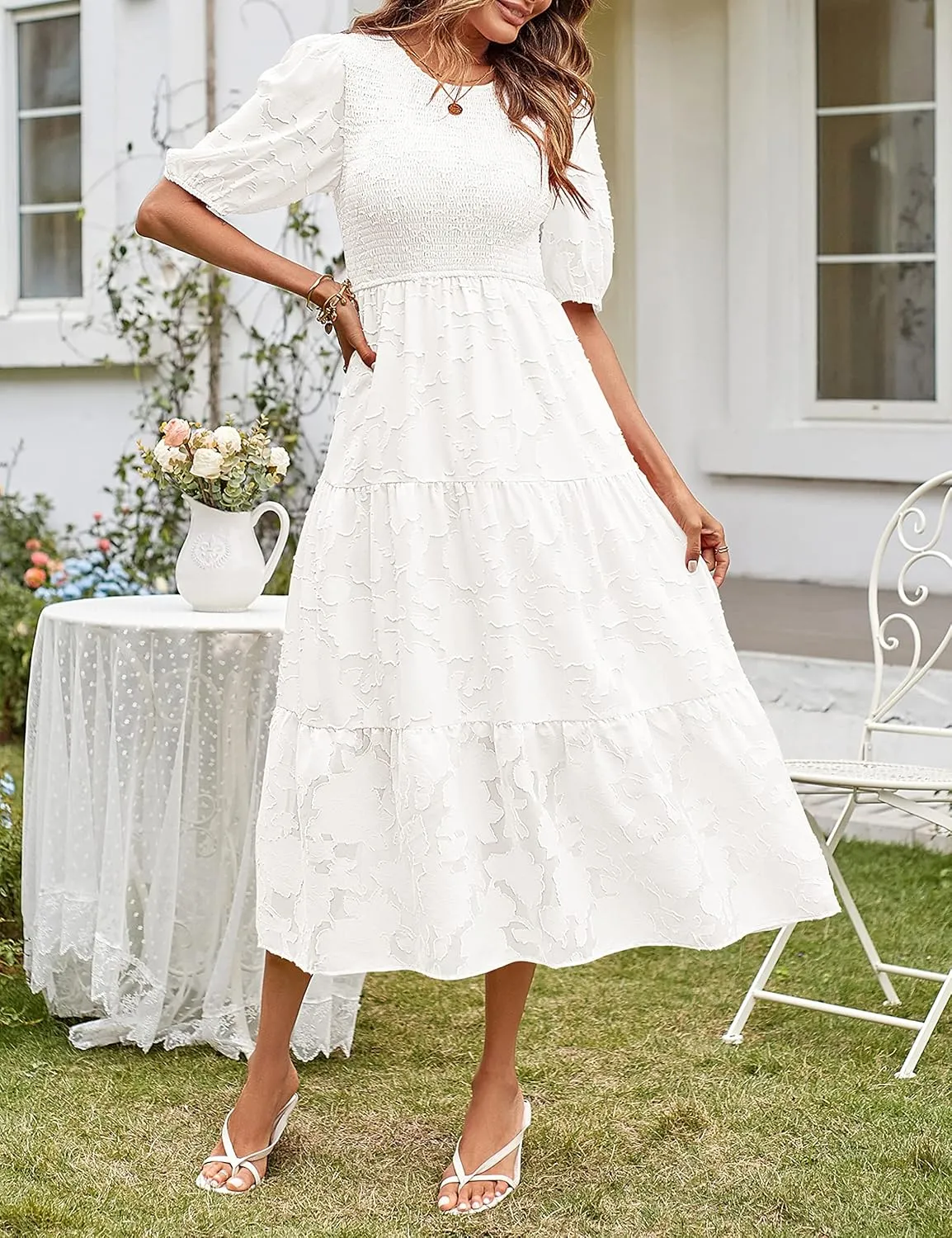MEROKEETY Women's 2025 Summer Puff Sleeve Smocked Floral Dress Crewneck Lace Flowy Tiered Midi Dresses