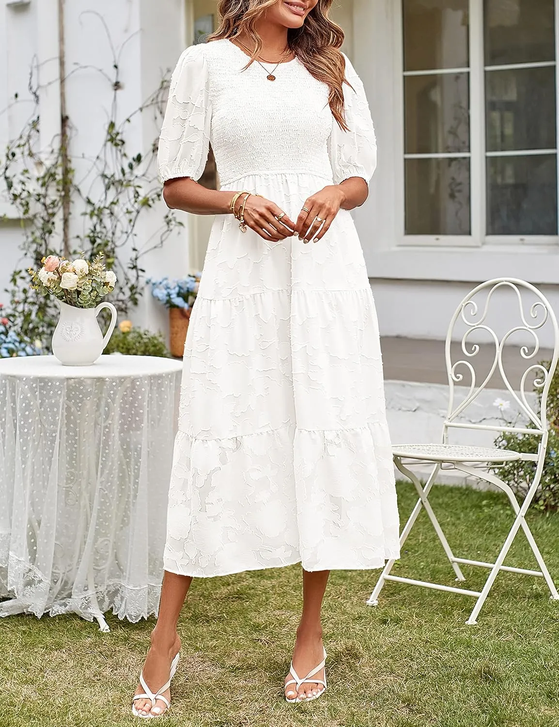 MEROKEETY Women's 2025 Summer Puff Sleeve Smocked Floral Dress Crewneck Lace Flowy Tiered Midi Dresses