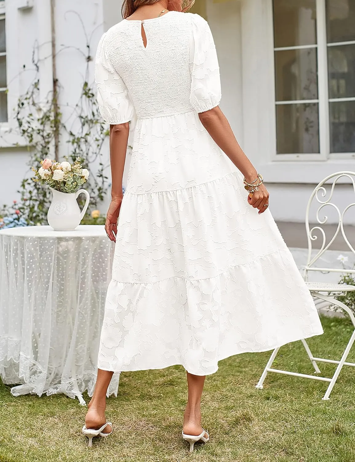 MEROKEETY Women's 2025 Summer Puff Sleeve Smocked Floral Dress Crewneck Lace Flowy Tiered Midi Dresses