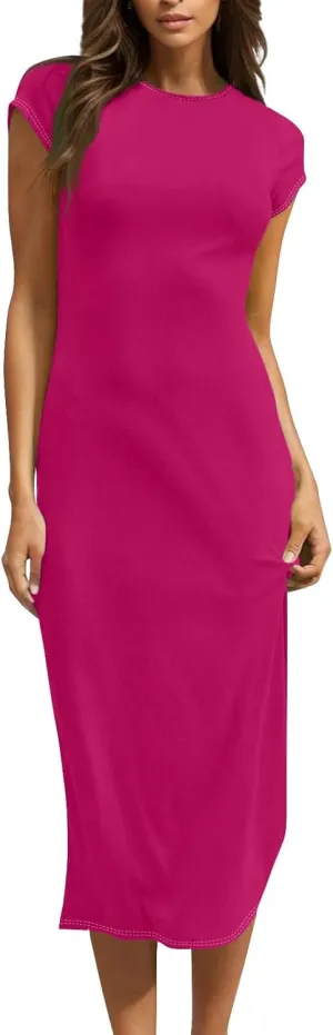 Midi Dresses for Women Summer Crewneck Short Sleeve Tshirt Dress Casual Modest Beach Vacation Homecoming Dresses