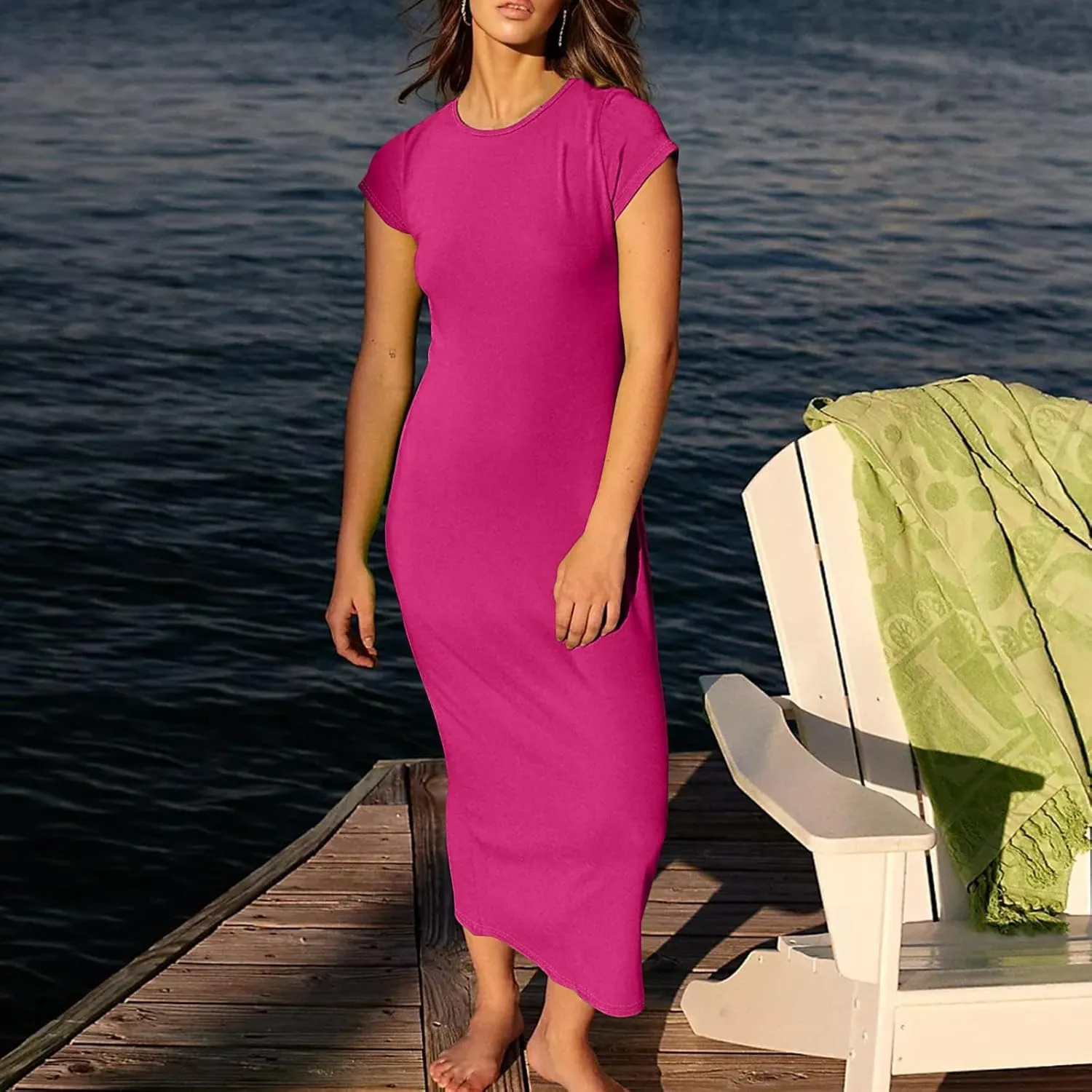 Midi Dresses for Women Summer Crewneck Short Sleeve Tshirt Dress Casual Modest Beach Vacation Homecoming Dresses