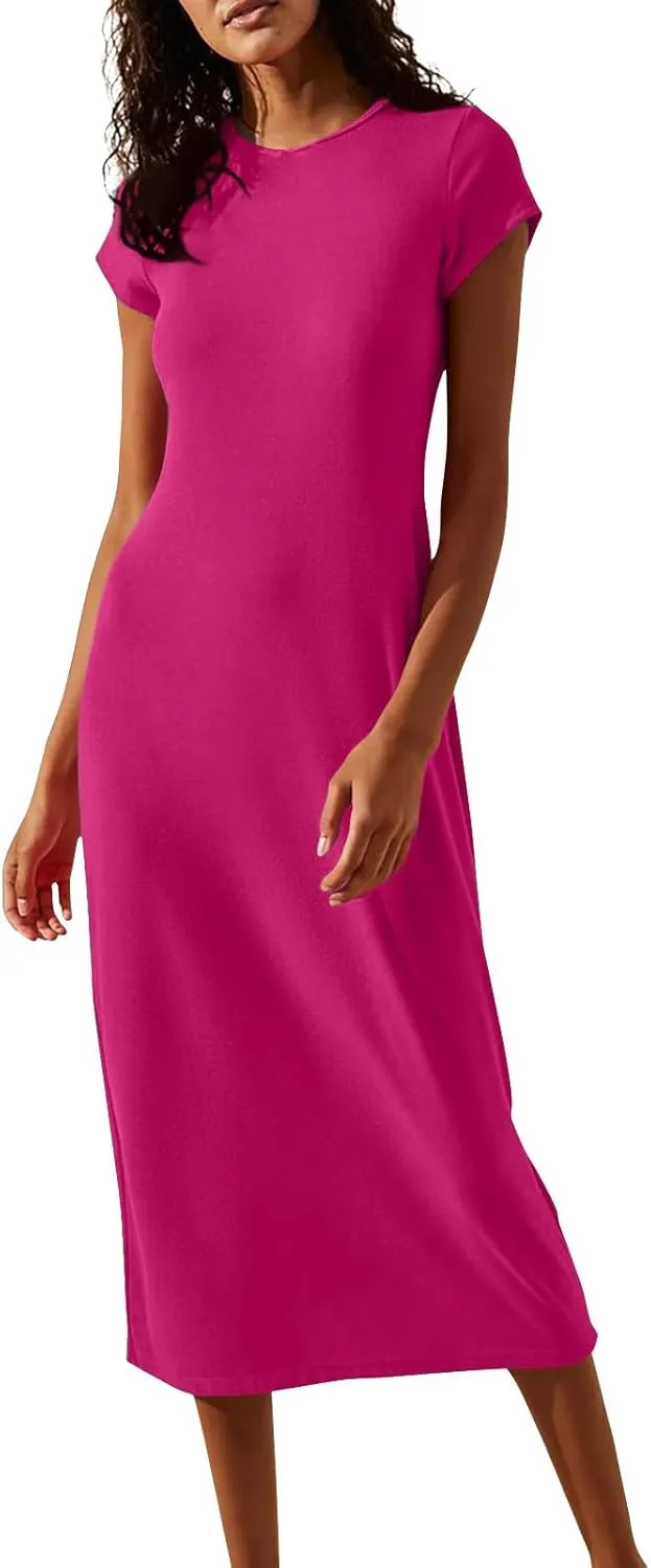 Midi Dresses for Women Summer Crewneck Short Sleeve Tshirt Dress Casual Modest Beach Vacation Homecoming Dresses