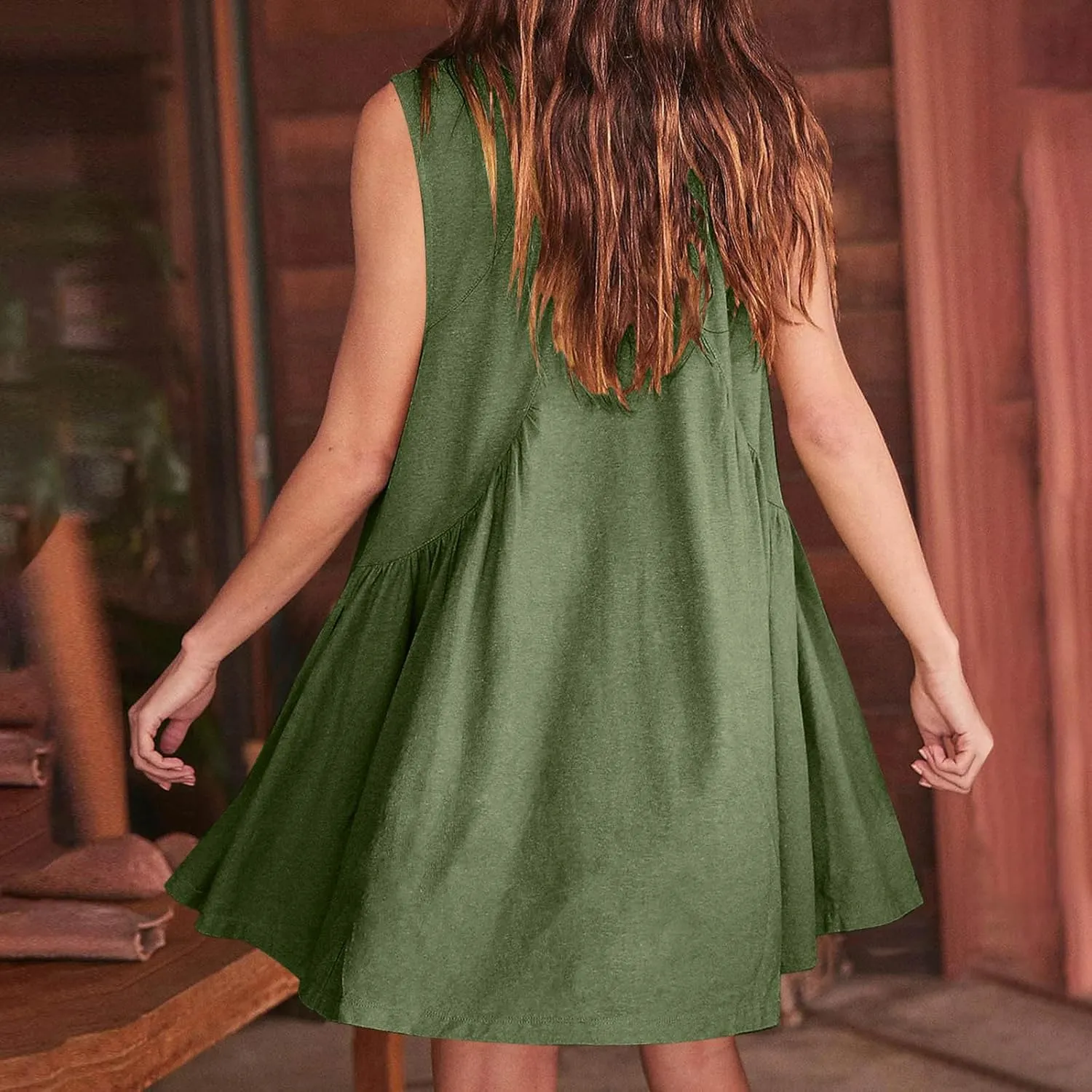 Mini Dress for Women Summer V Neck Sleeveless Pleated Babydoll Dresses Casual Loose Swing Flowy Beach Sundresses