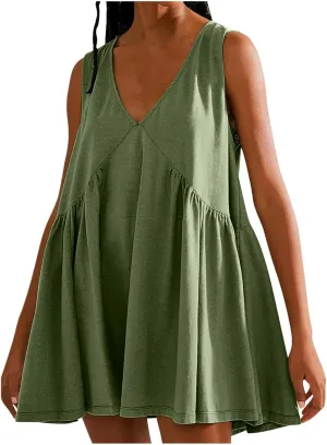 Mini Dress for Women Summer V Neck Sleeveless Pleated Babydoll Dresses Casual Loose Swing Flowy Beach Sundresses