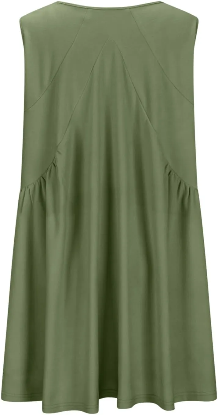 Mini Dress for Women Summer V Neck Sleeveless Pleated Babydoll Dresses Casual Loose Swing Flowy Beach Sundresses
