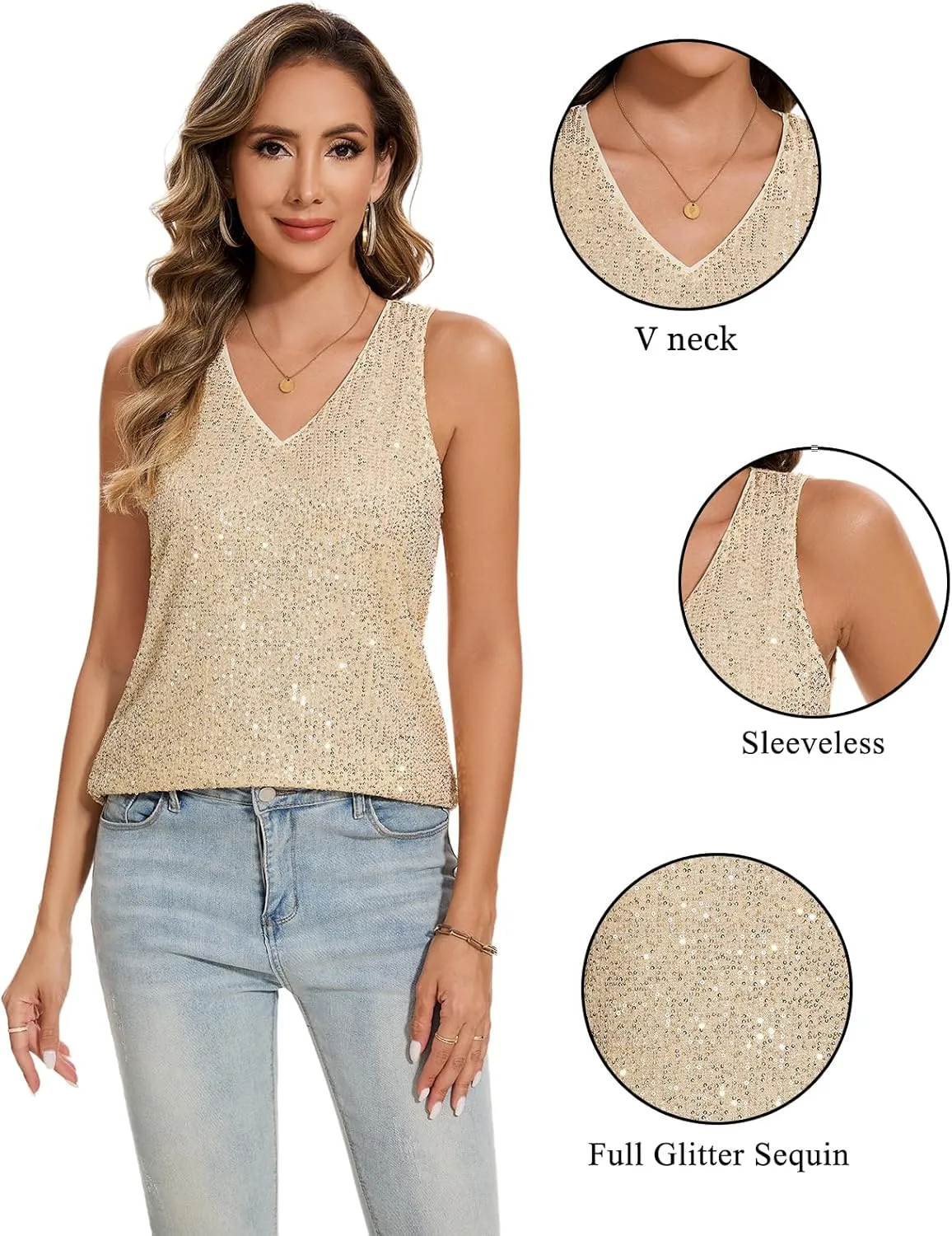 MINTLIMIT Womens Full Sequin Tank Tops Glitter Club Party Sleeveless Shirt Sparkle Blouses V-Neck Loose Shimmer Vests