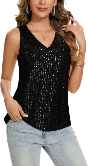 MINTLIMIT Womens Full Sequin Tank Tops Glitter Club Party Sleeveless Shirt Sparkle Blouses V-Neck Loose Shimmer Vests