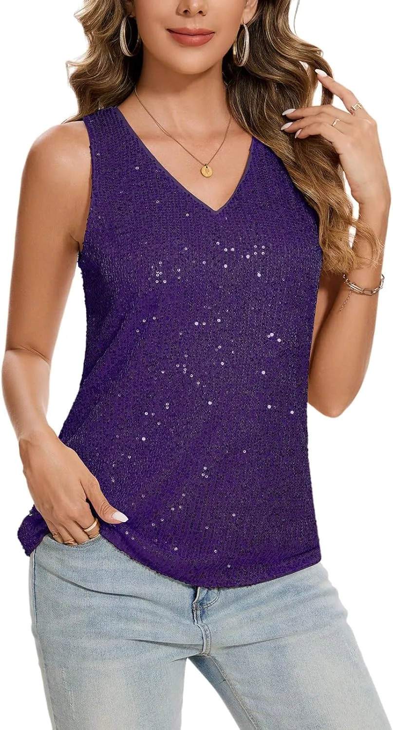 MINTLIMIT Womens Full Sequin Tank Tops Glitter Club Party Sleeveless Shirt Sparkle Blouses V-Neck Loose Shimmer Vests