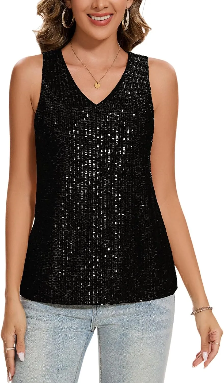 MINTLIMIT Womens Full Sequin Tank Tops Glitter Club Party Sleeveless Shirt Sparkle Blouses V-Neck Loose Shimmer Vests