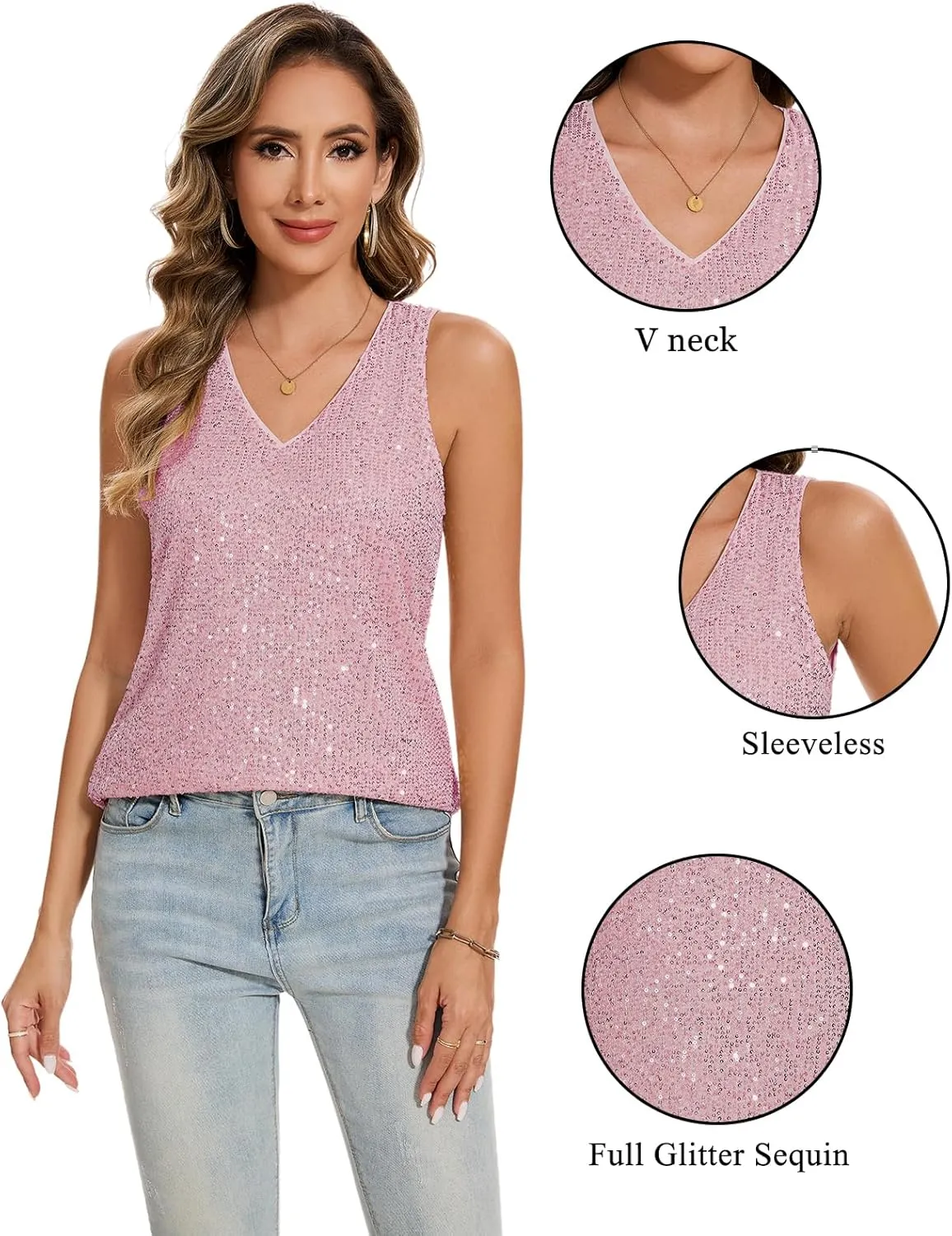 MINTLIMIT Womens Full Sequin Tank Tops Glitter Club Party Sleeveless Shirt Sparkle Blouses V-Neck Loose Shimmer Vests