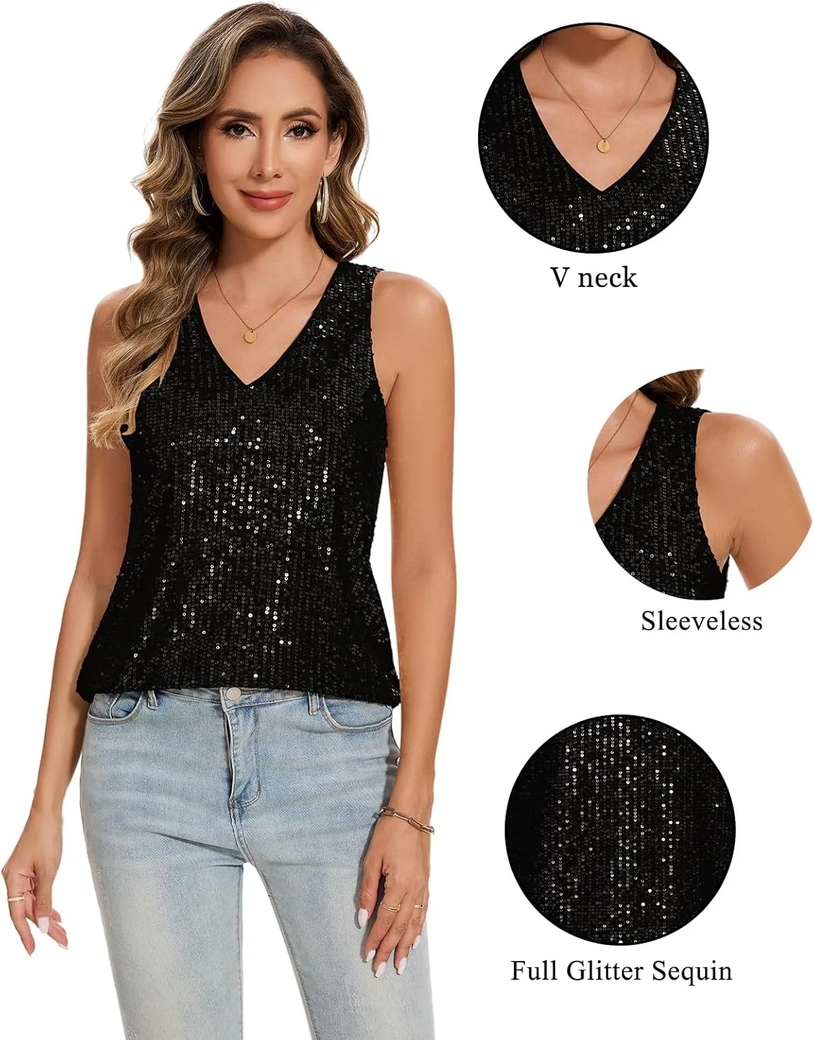 MINTLIMIT Womens Full Sequin Tank Tops Glitter Club Party Sleeveless Shirt Sparkle Blouses V-Neck Loose Shimmer Vests