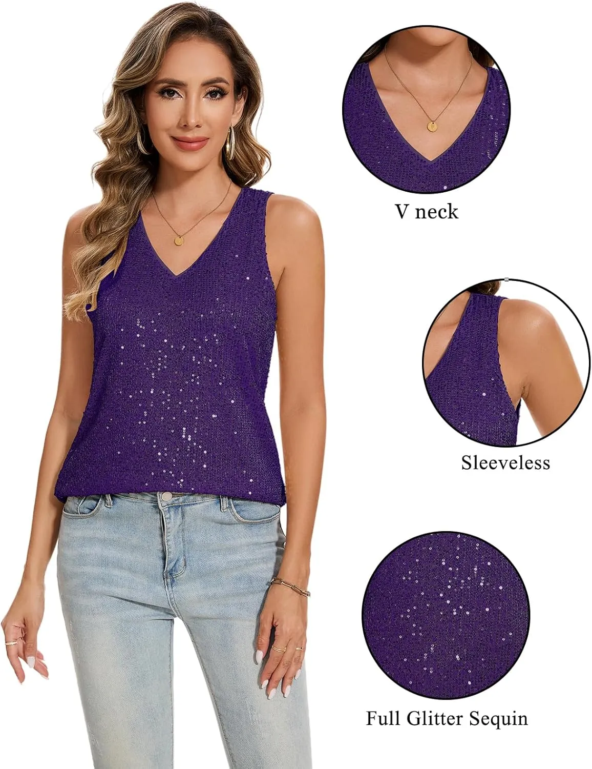 MINTLIMIT Womens Full Sequin Tank Tops Glitter Club Party Sleeveless Shirt Sparkle Blouses V-Neck Loose Shimmer Vests