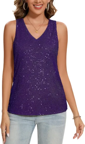 MINTLIMIT Womens Full Sequin Tank Tops Glitter Club Party Sleeveless Shirt Sparkle Blouses V-Neck Loose Shimmer Vests