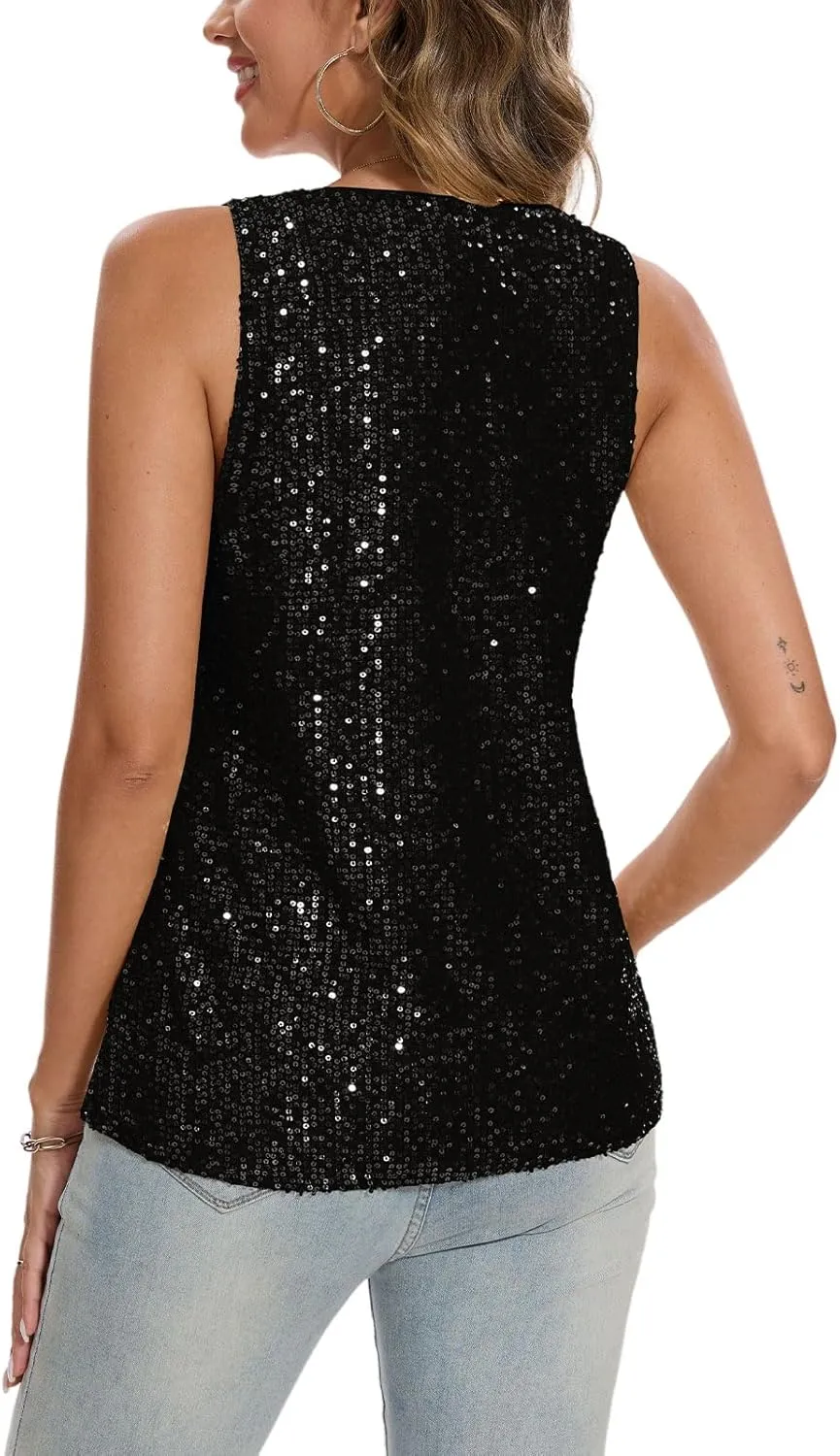 MINTLIMIT Womens Full Sequin Tank Tops Glitter Club Party Sleeveless Shirt Sparkle Blouses V-Neck Loose Shimmer Vests
