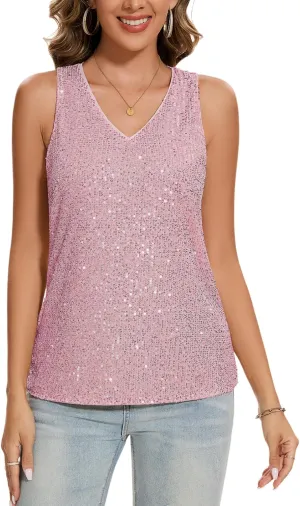 MINTLIMIT Womens Full Sequin Tank Tops Glitter Club Party Sleeveless Shirt Sparkle Blouses V-Neck Loose Shimmer Vests