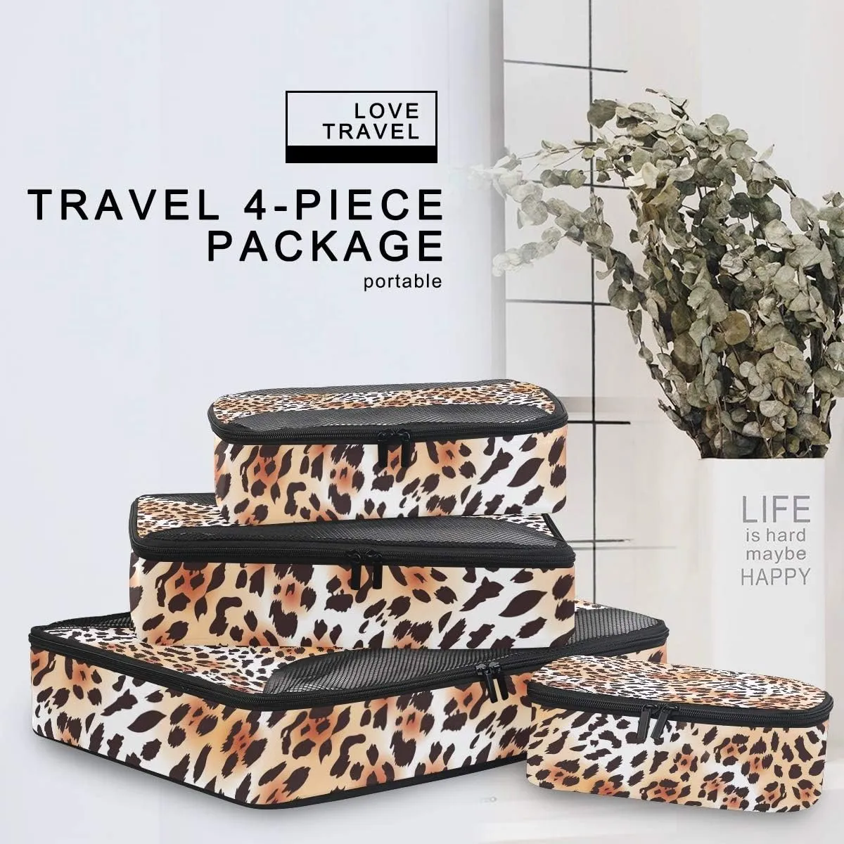 MNSRUU Packing Cubes Leopard Fur Brown Print Compression Luggage Cubes Travel Organizer Packing Bags for Suitcases, 4 PCS