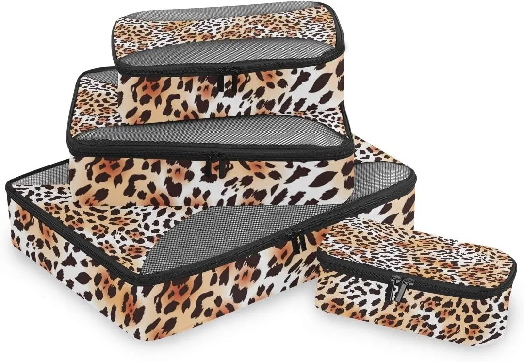 MNSRUU Packing Cubes Leopard Fur Brown Print Compression Luggage Cubes Travel Organizer Packing Bags for Suitcases, 4 PCS