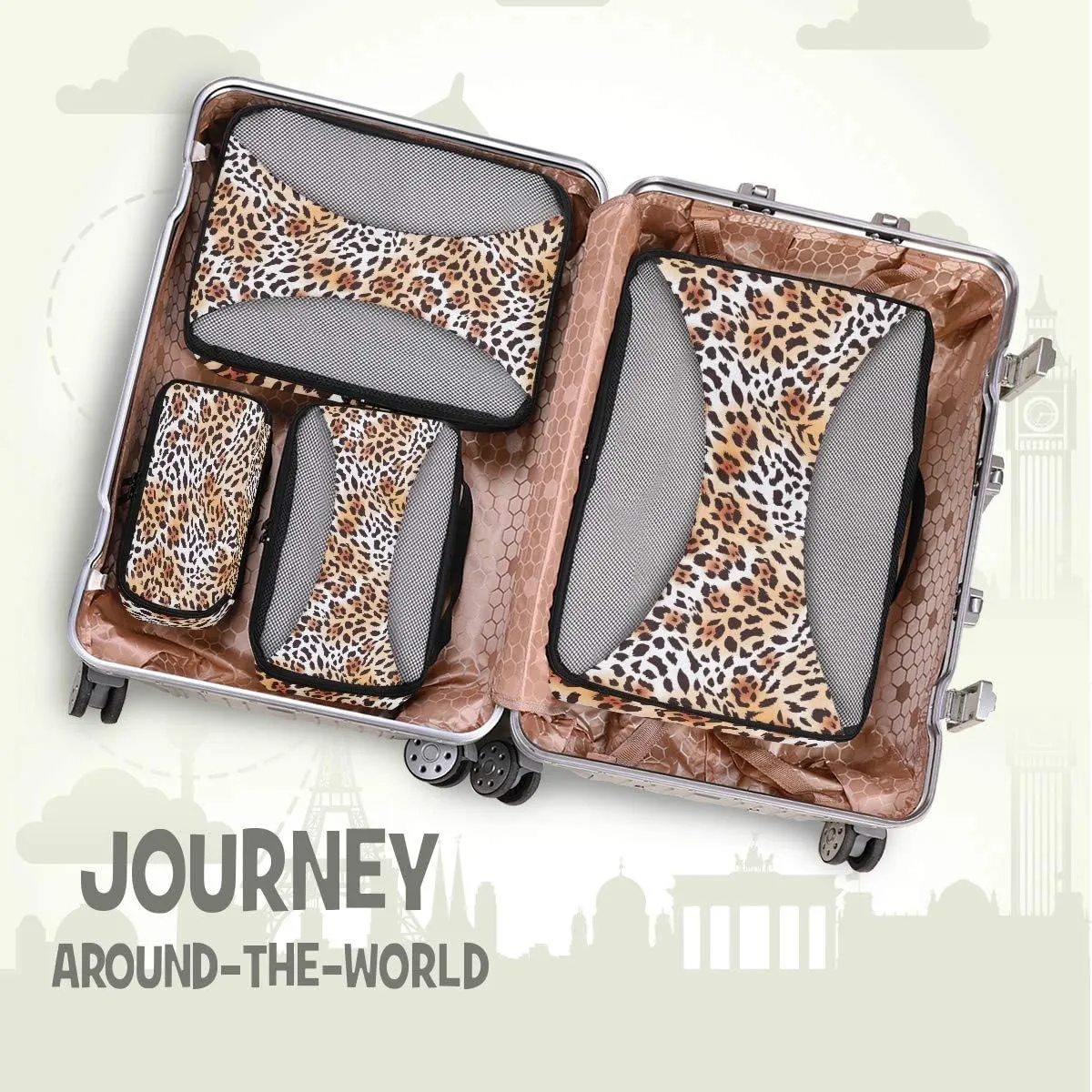 MNSRUU Packing Cubes Leopard Fur Brown Print Compression Luggage Cubes Travel Organizer Packing Bags for Suitcases, 4 PCS