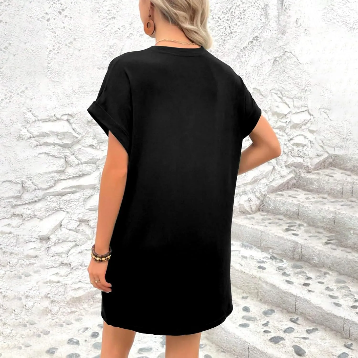 Moomoo Dresses for Women Solid Color Round Neck Batwing Sleeve T-Shirt Dress with Hidden Pockets