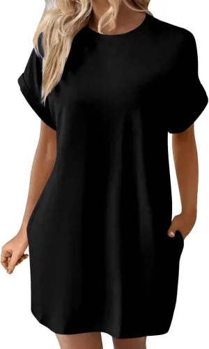 Moomoo Dresses for Women Solid Color Round Neck Batwing Sleeve T-Shirt Dress with Hidden Pockets