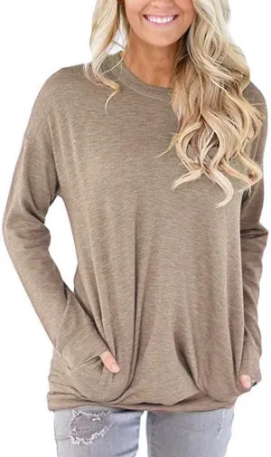 Muyise Womens Casual Long Sleeve Tunic Tops Solid Color Crew Neck Comfy Pullover Sweatshirts Loose Fit Blouses with Pockets