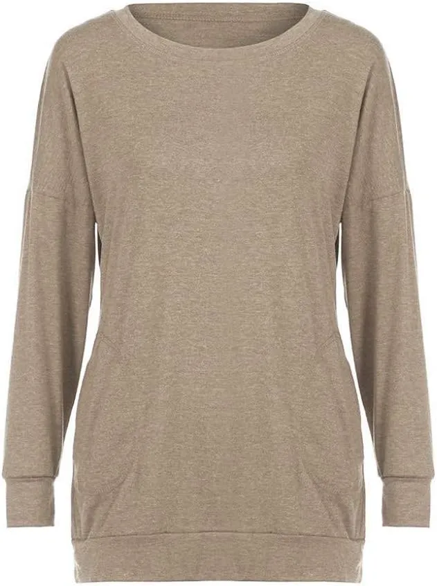 Muyise Womens Casual Long Sleeve Tunic Tops Solid Color Crew Neck Comfy Pullover Sweatshirts Loose Fit Blouses with Pockets