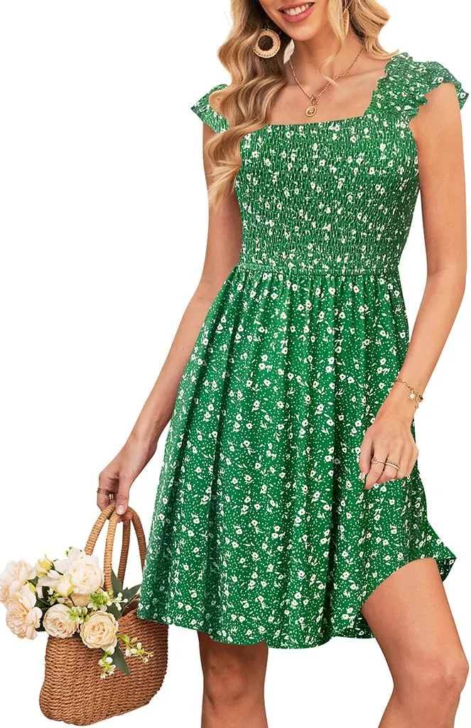 Naggoo Womens Summer Sundresses Sleeveless Square Neck Dress Floral Smocked Dress A-line Boho Beach Dresses