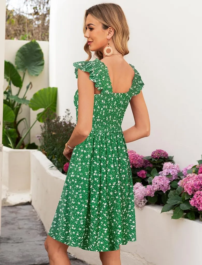 Naggoo Womens Summer Sundresses Sleeveless Square Neck Dress Floral Smocked Dress A-line Boho Beach Dresses