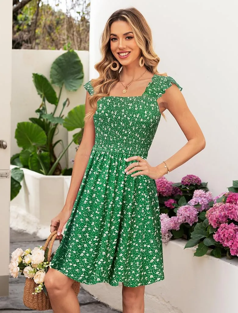 Naggoo Womens Summer Sundresses Sleeveless Square Neck Dress Floral Smocked Dress A-line Boho Beach Dresses