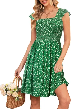 Naggoo Womens Summer Sundresses Sleeveless Square Neck Dress Floral Smocked Dress A-line Boho Beach Dresses