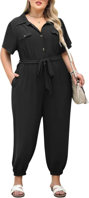 Nemidor Womens Plus Size Summer Jumpsuit Casual Dressy One Piece Outfits Long Pants Romper with Belt and Pocket 16-26