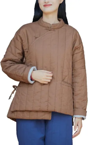 NFYM Women's Warm Thick Linen Jacket Cotton Padded Short Coats Retro Zen Style Irregular Hem Outwear