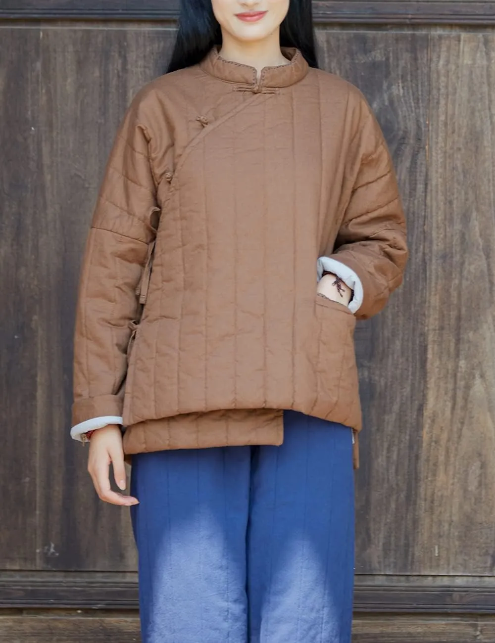 NFYM Women's Warm Thick Linen Jacket Cotton Padded Short Coats Retro Zen Style Irregular Hem Outwear