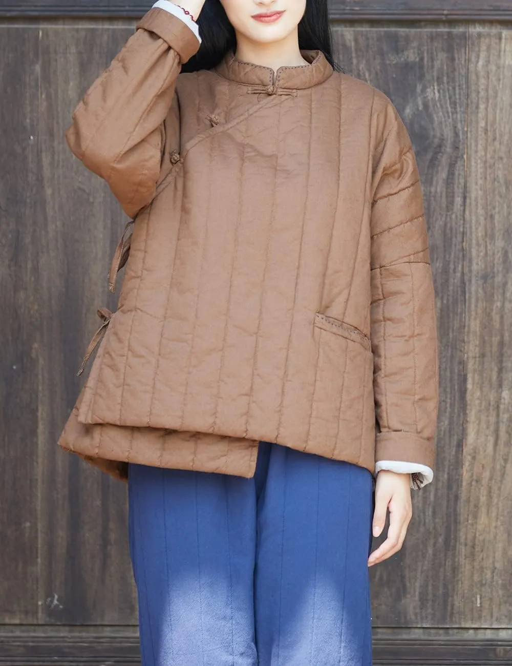 NFYM Women's Warm Thick Linen Jacket Cotton Padded Short Coats Retro Zen Style Irregular Hem Outwear