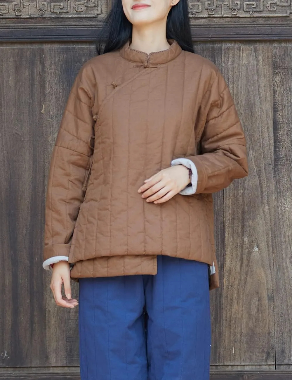 NFYM Women's Warm Thick Linen Jacket Cotton Padded Short Coats Retro Zen Style Irregular Hem Outwear