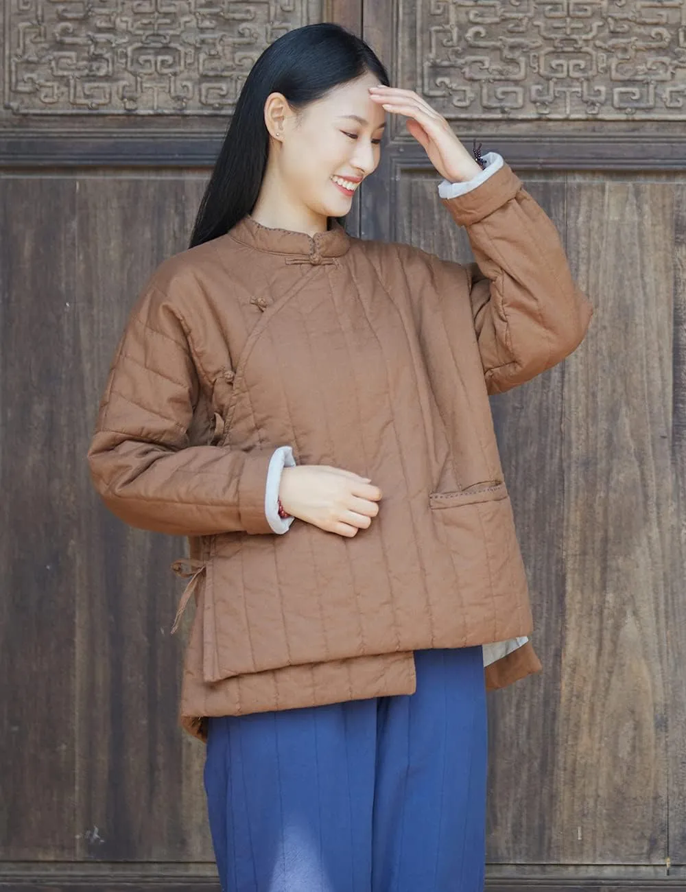 NFYM Women's Warm Thick Linen Jacket Cotton Padded Short Coats Retro Zen Style Irregular Hem Outwear