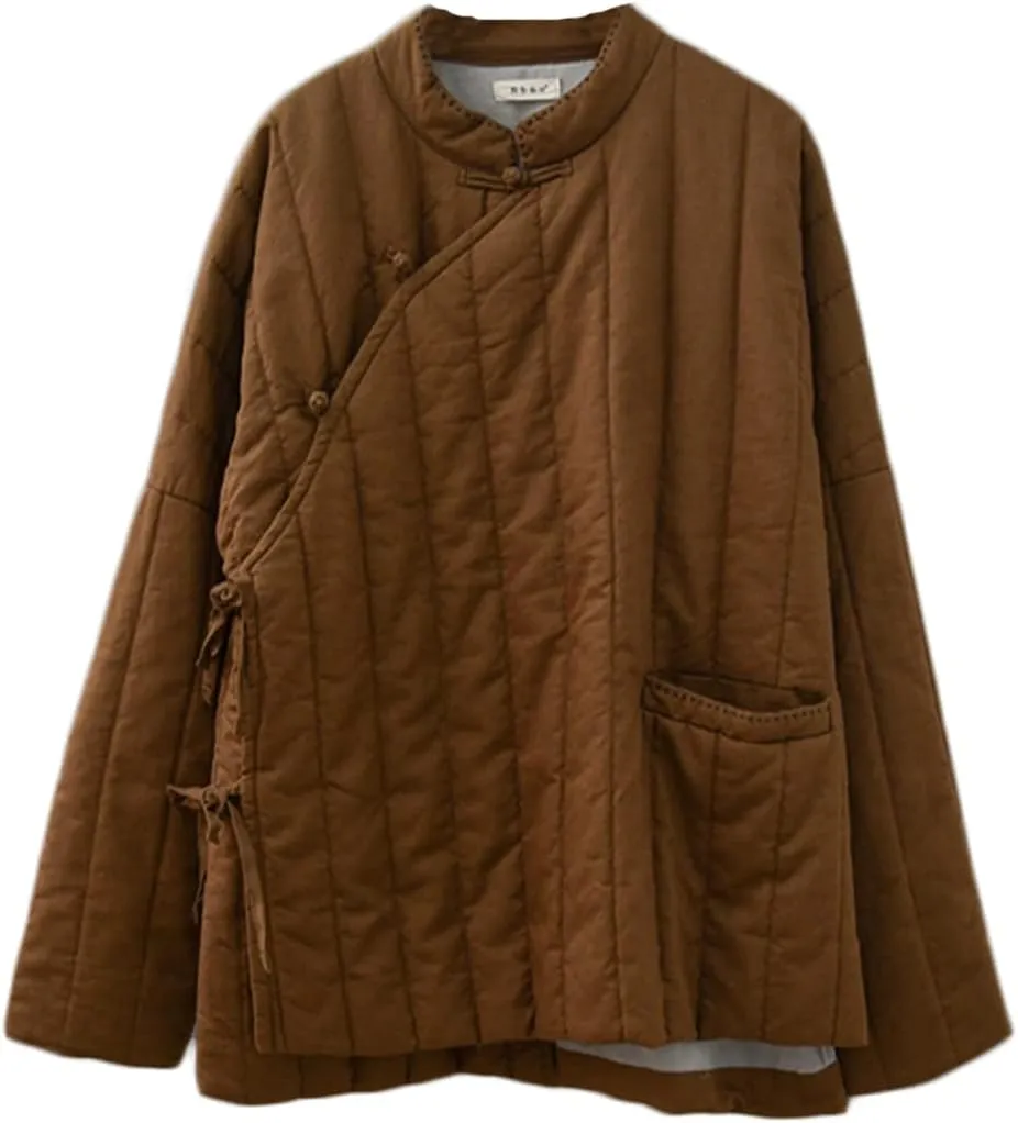 NFYM Women's Warm Thick Linen Jacket Cotton Padded Short Coats Retro Zen Style Irregular Hem Outwear