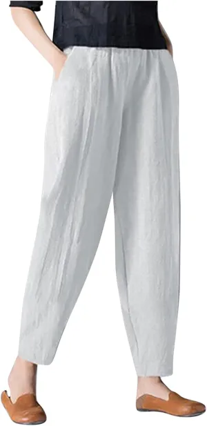 niuwa Lady Womens Cotton and Linen Harem Pants Casual Loose Trousers with Pockets Summer Elastic Waist Boho Pants White