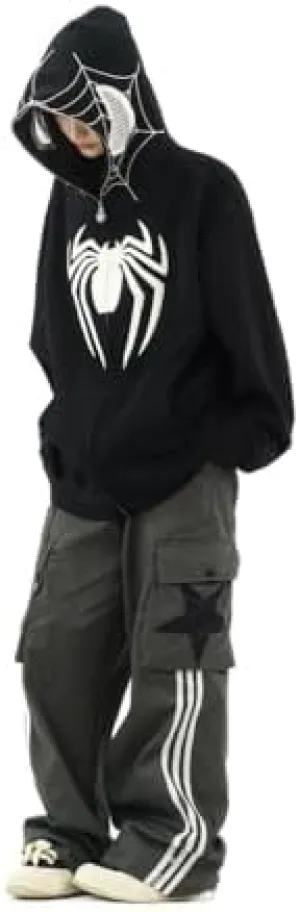 Obenie Y2k Spider Print Hoodies Hip Hop Zipper Long Sleeve Jacket Coats Harajuku Casual Loose Hooded Sweatshirt