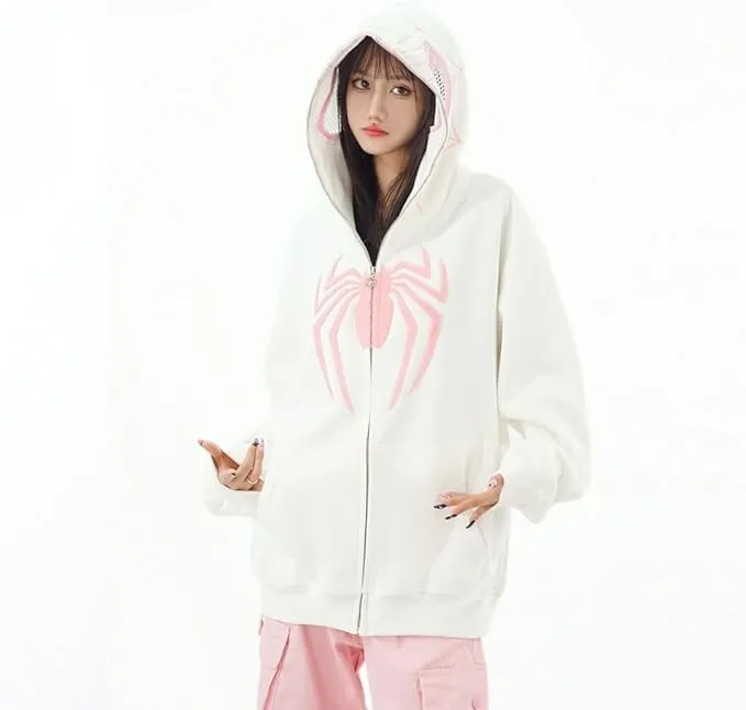 Obenie Y2k Spider Print Hoodies Hip Hop Zipper Long Sleeve Jacket Coats Harajuku Casual Loose Hooded Sweatshirt