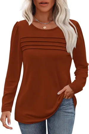 OFEEFAN Long Sleeve Shirts for Women Fall Fashion 2025 Dressy Casual Blouses Trendy Pleated Tunic Tops for Leggings