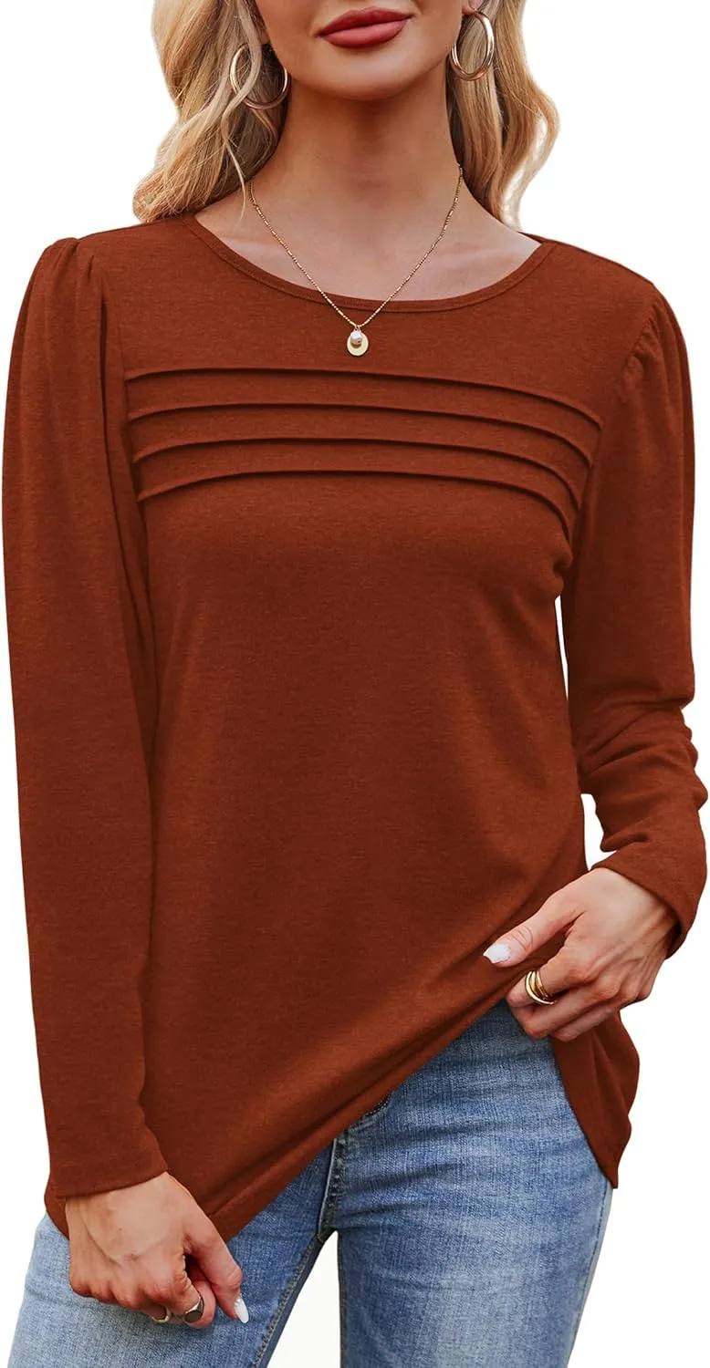 OFEEFAN Long Sleeve Shirts for Women Fall Fashion 2025 Dressy Casual Blouses Trendy Pleated Tunic Tops for Leggings