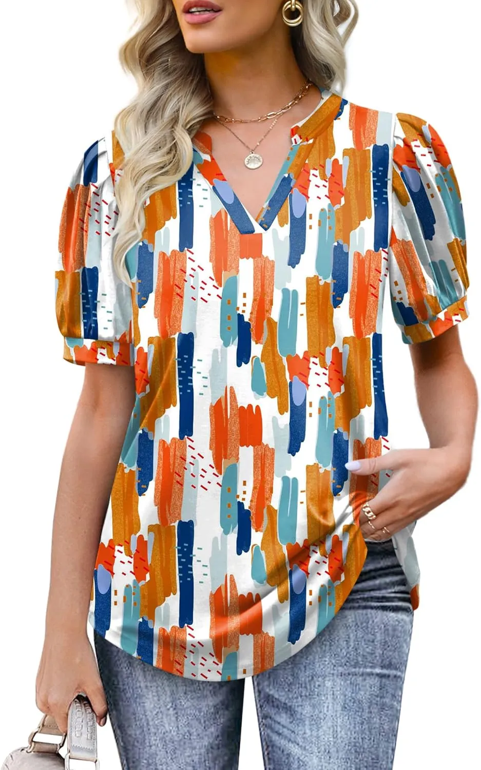 OFEEFAN Women's Pleated Puff Sleeve Tops Summer V Neck Tunic Shirts Loose Curved Hem Blouses Dressy Casual S-3XL