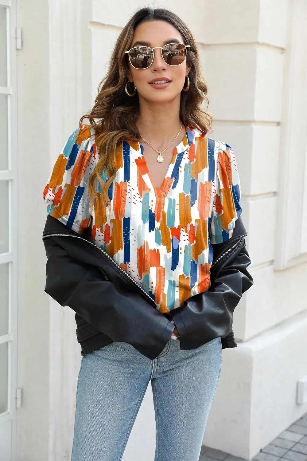 OFEEFAN Women's Pleated Puff Sleeve Tops Summer V Neck Tunic Shirts Loose Curved Hem Blouses Dressy Casual S-3XL