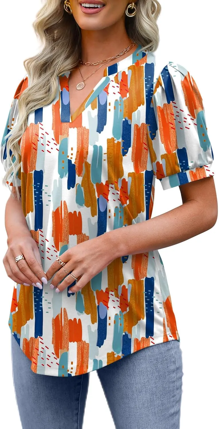 OFEEFAN Women's Pleated Puff Sleeve Tops Summer V Neck Tunic Shirts Loose Curved Hem Blouses Dressy Casual S-3XL