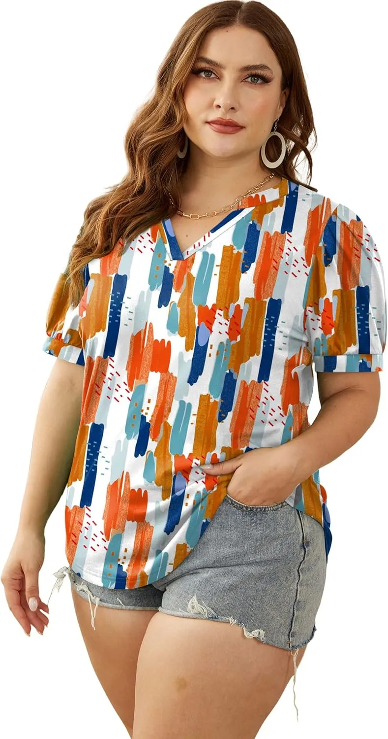 OFEEFAN Women's Pleated Puff Sleeve Tops Summer V Neck Tunic Shirts Loose Curved Hem Blouses Dressy Casual S-3XL