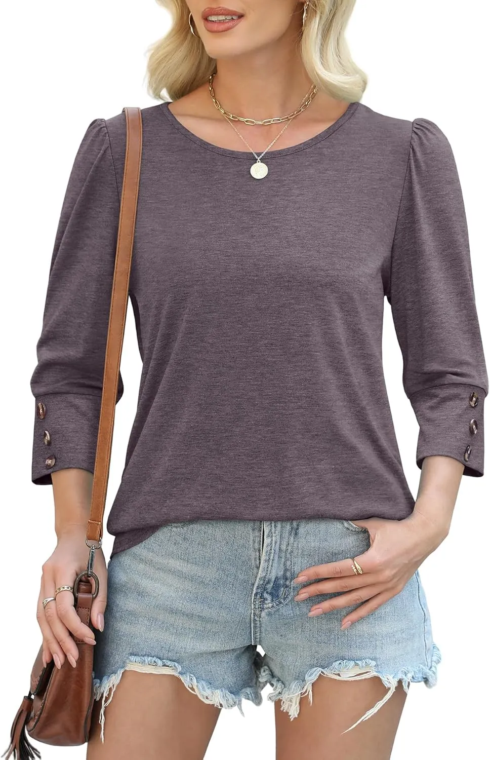 OFEEFAN Womens Tops 3/4 Sleeve with Buttons Dressy Casual Blouses Summer Outfits Beach Vacation Plus Size Spring Clothes